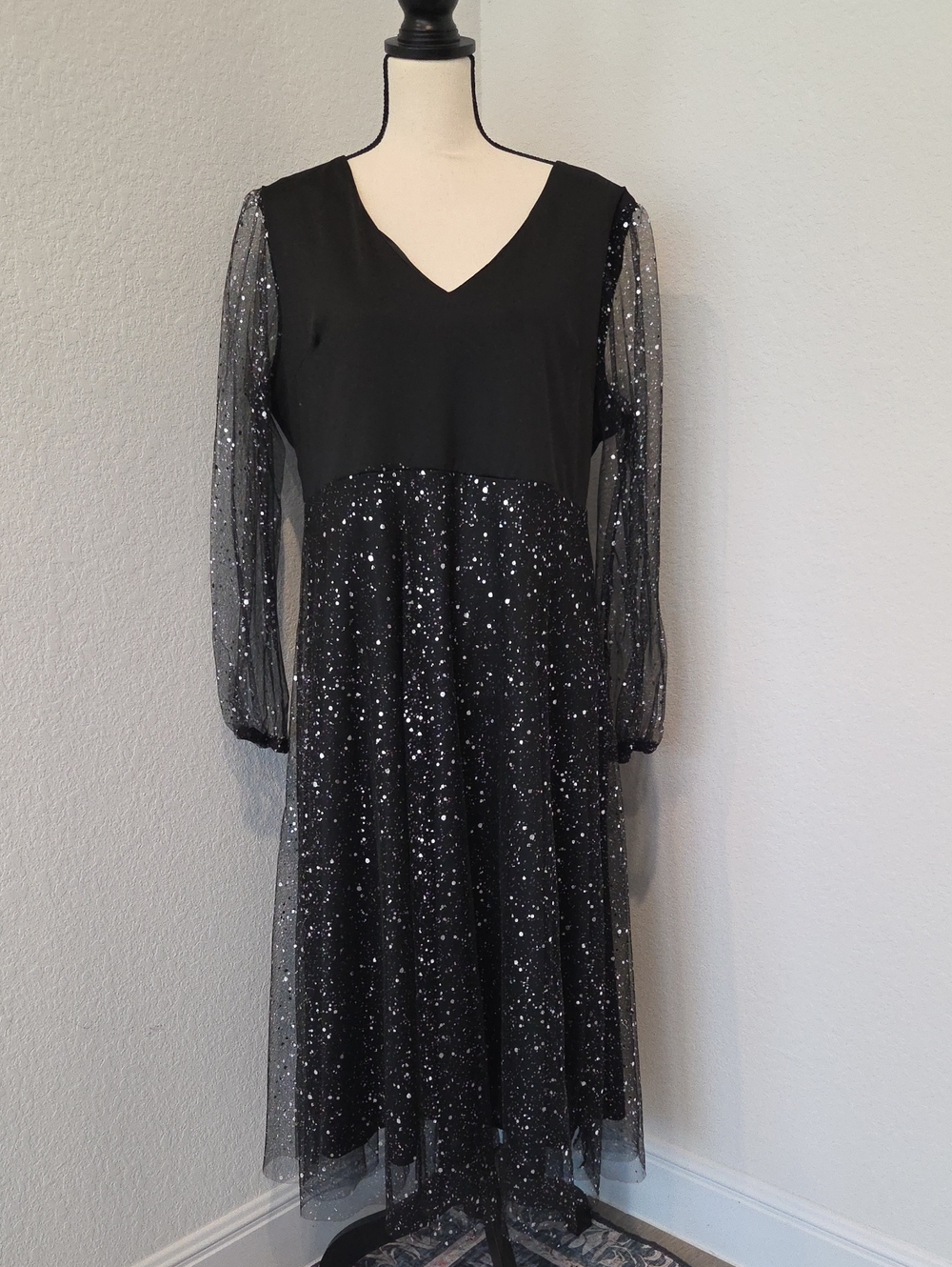 2XL Womens Dress Black Silver Paint Splatter Bling Pattern On Sheer Tulle Witchy